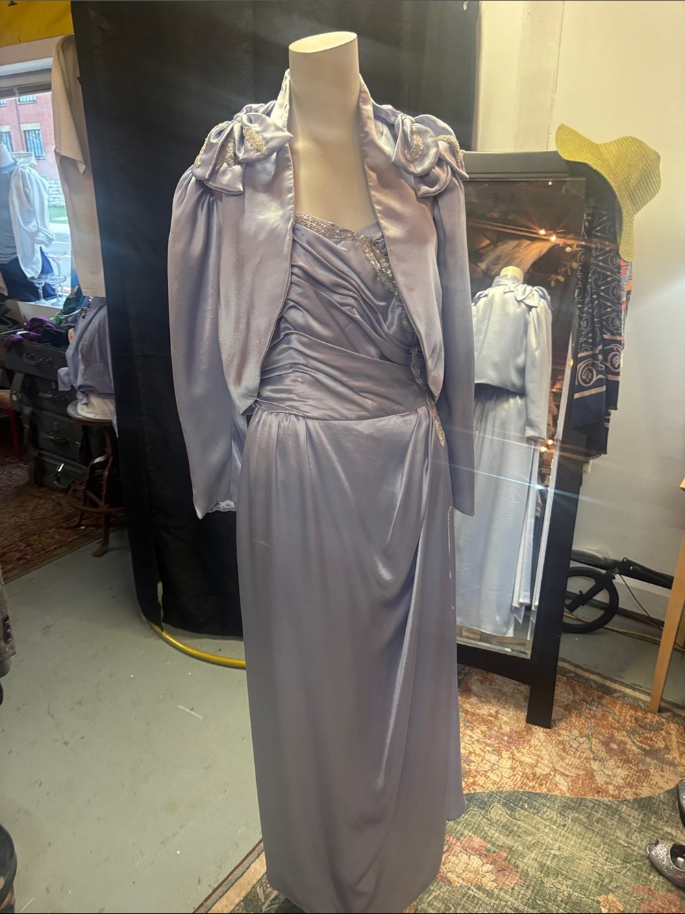 Elegant Lilac Satin Maxi Dress with Coordinating Jacket